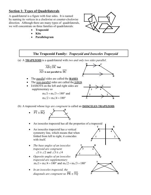 Section 1: Types of Quadrilaterals The Trapezoid ... - Willets Geometry