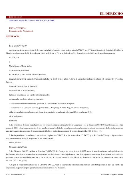 Sentencia del Tribunal de Justicia de la Unión Europea - El Derecho