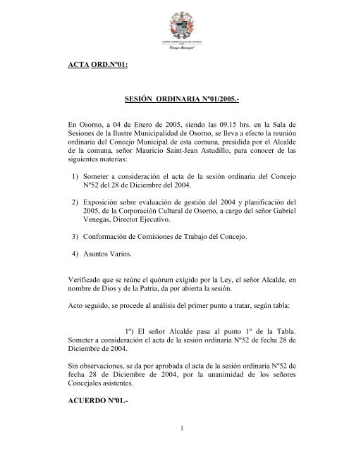 ACTA ORD.Nº01: SESIÓN ORDINARIA Nº01/2005. - Municipalidad ...