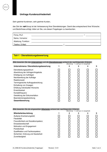 Fragebogen Kundenzufriedenheit für Kunden der redi-Group