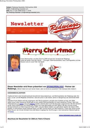 Redwings Newsletter Weihnachten 2008