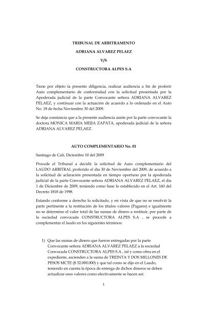 Adriana Alvarez Peláez Vs. Constructora Alpes S.A. Laudo ...