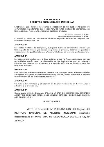 LEY Nº 25517 Y Decreto Restitucion de Restos Aborigenes - Mapa ...