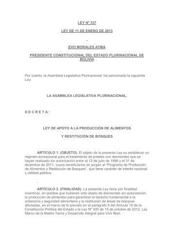 Ley Nº 337 Ley de apoyo a la Produccion de alimentos y ... - Unitas