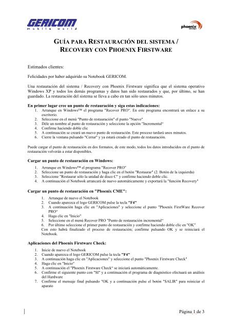 guía para restauración del sistema / recovery con phoenix ... - Gericom