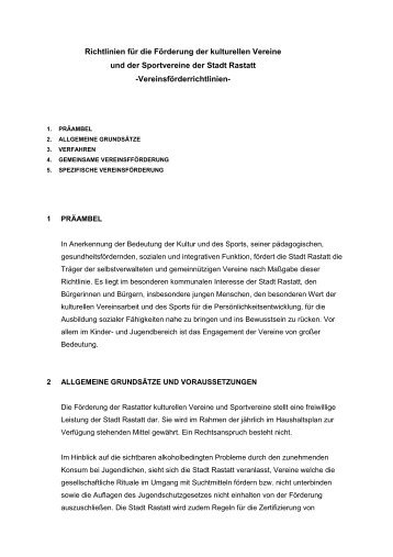 Richtlinien für die Förderung der kulturellen Vereine ... - Stadt Rastatt