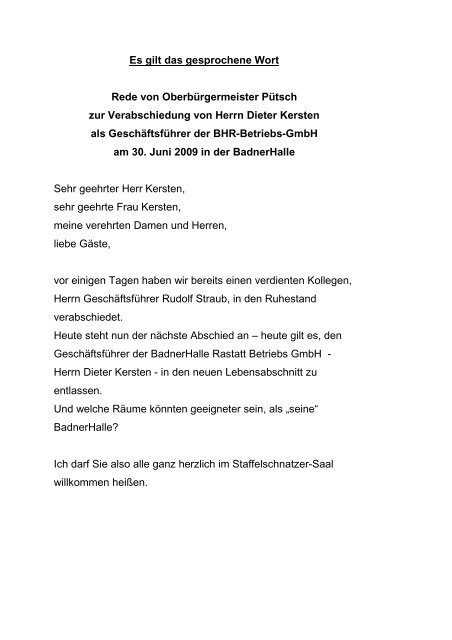 Rede anlässlich der Verabschiedung von Dieter ... - Stadt Rastatt