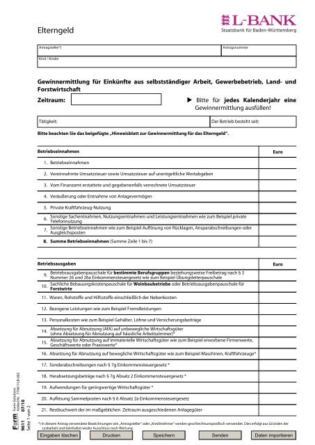 Elterngeld - Formular Gewinnermittlung bei selbständigem ...