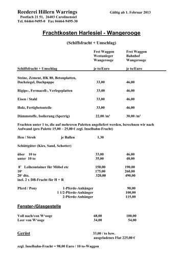 Frachtkosten Harlesiel - Wangerooge - Reederei Warrings
