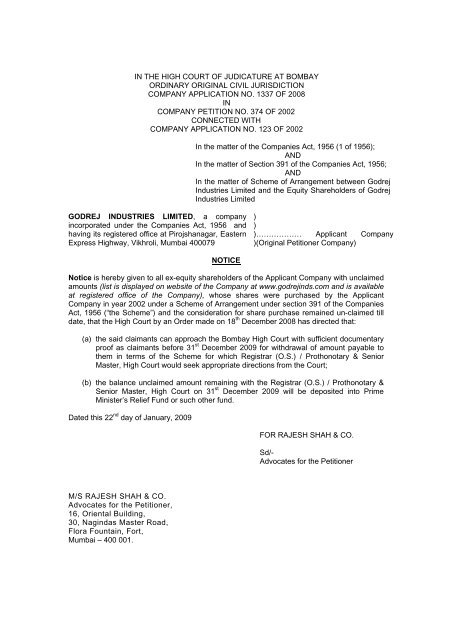 Compliance of Bombay High Court order date 18th Dec 2008 in the ...