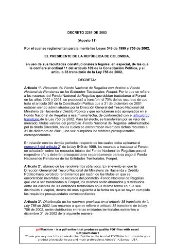 DECRETO 2281 DE 2003 (Agosto 11) Por el cual se reglamentan ...