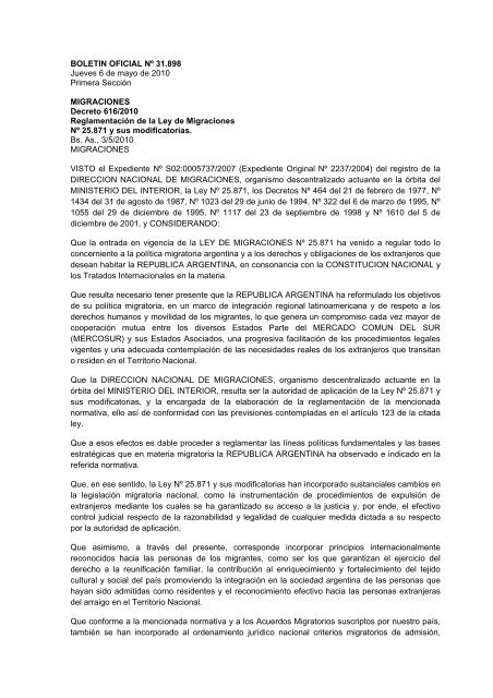 Dto. 616/2010. - Dirección Nacional de Migraciones