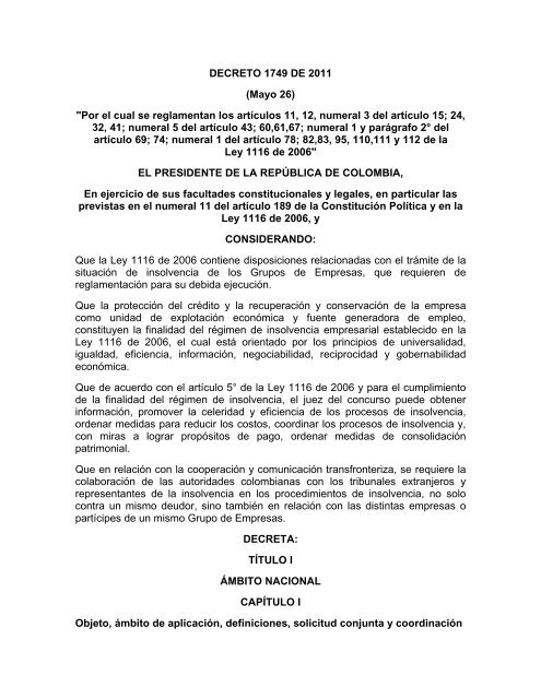 DECRETO 1749 DE 2011 (Mayo 26) "Por el cual se reglamentan los ...