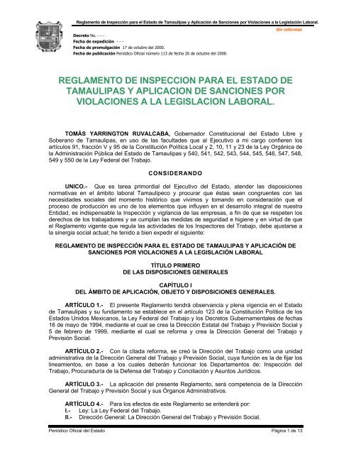 Reglamento de Inspección para el Estado de Tamaulipas y ...