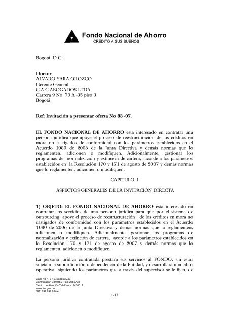 invitacion reestructuracion credito bogota - Fondo Nacional del ...
