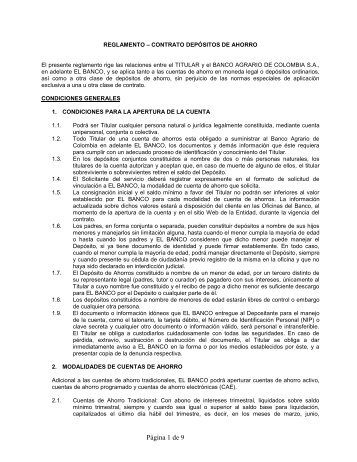 Reglamento Cuenta de Ahorro - Banco Agrario de Colombia