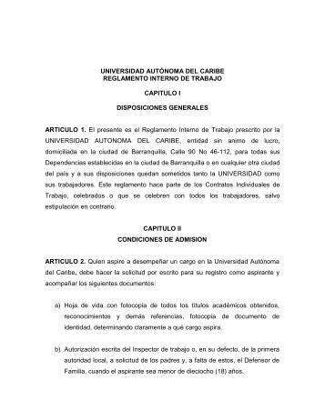 Reglamento Interno De Trabajo - Universidad Autónoma del Caribe