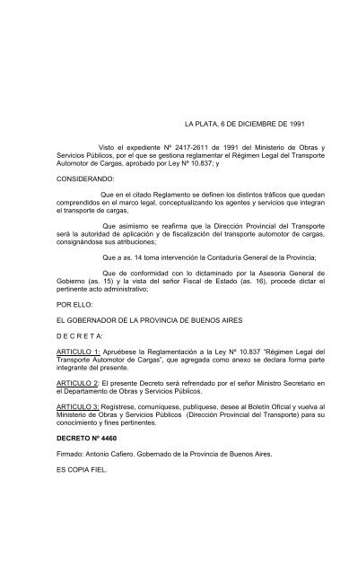 Decreto Nº 4460/91 Reglamentario de la Ley 10837.