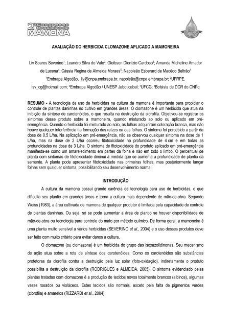 avaliação do herbicida clomazone aplicado a ... - Embrapa Algodão