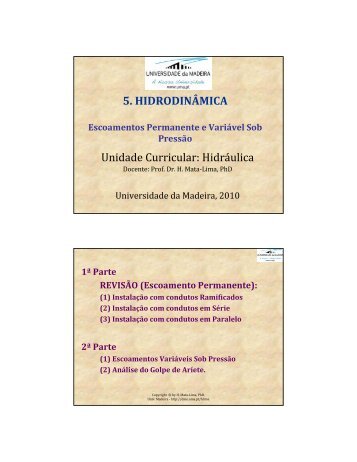 5. HIDRODINÂMICA Unidade Curricular: Hidráulica - Universidade ...