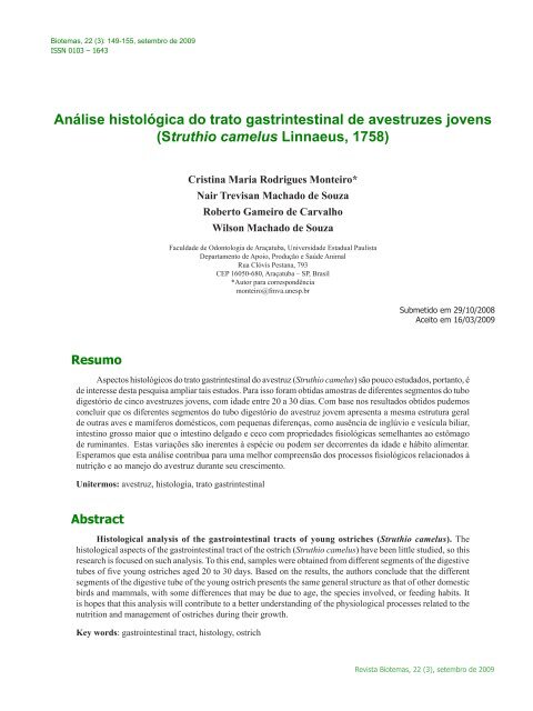 Análise histológica do trato gastrintestinal de avestruzes ... - Biotemas