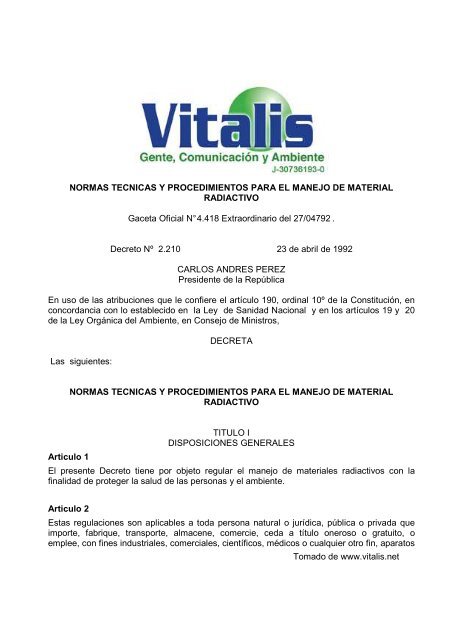 Normas Técnicas y Procedimientos para el Manejo de ... - Vitalis