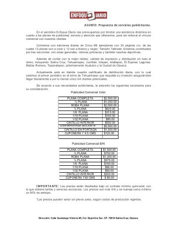 Propuesta de servicios publicitarios. En el periódico Enfoque Diario ...