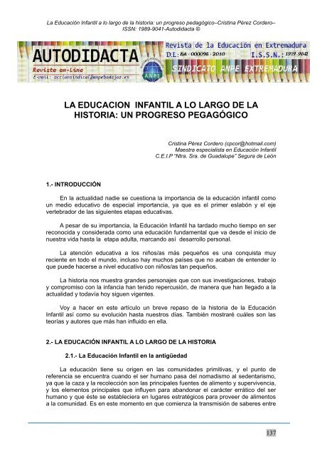 la educacion infantil a lo largo de la historia: un ... - ANPE BADAJOZ