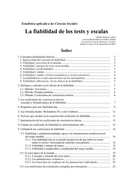 La fiabilidad de los tests y escalas - Universidad Pontificia Comillas