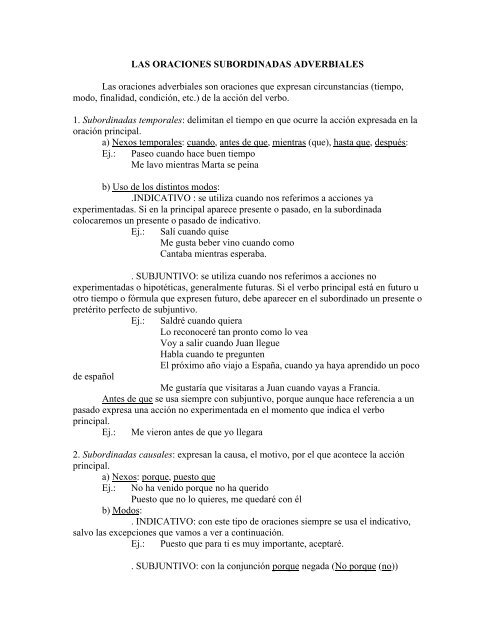 LAS ORACIONES SUBORDINADAS ADVERBIALES Las oraciones ...