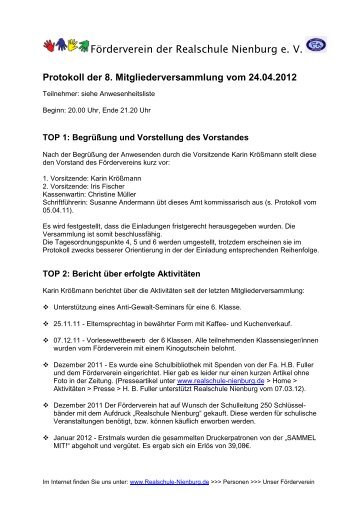 8. Mitgliederversammlung am 24.04.2012 - Realschule Nienburg