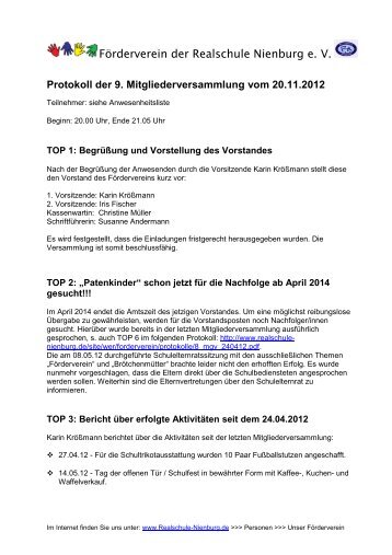 9. Mitgliederversammung am 20.11.2012 - Realschule Nienburg