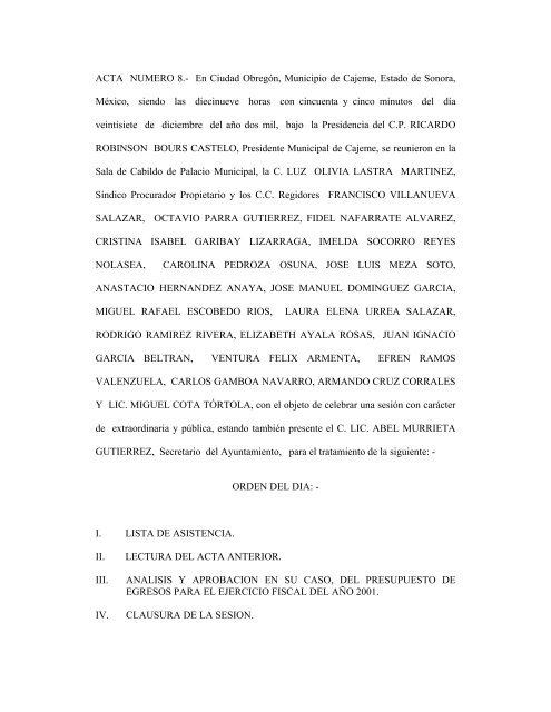 ACTA NUMERO 8.- En Ciudad Obregón, Municipio de Cajeme ...