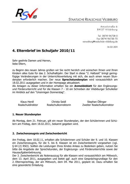 4. Elternbrief im Schuljahr 2010/11 - Staatliche Realschule Vilsbiburg