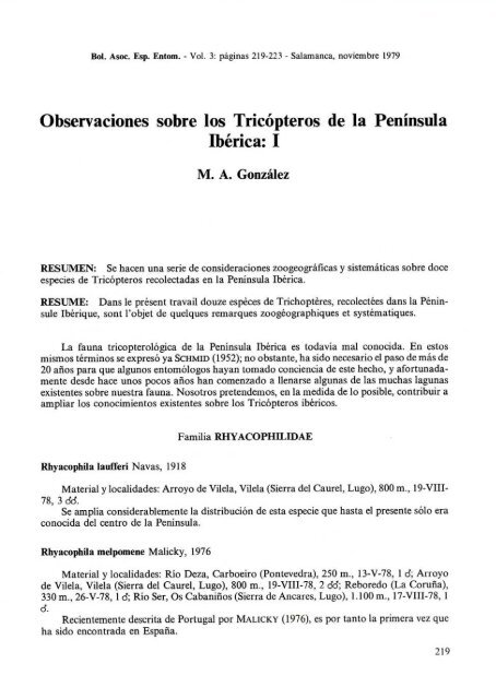 Observaciones sobre los Tricópteros de la Península Ibérica: I