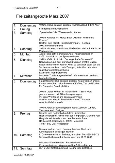 Freizeitangebote März 2007 - Reha-Zentrum Lübben