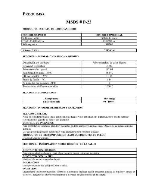 Hoja de Seguridad - Sulfato de sodio