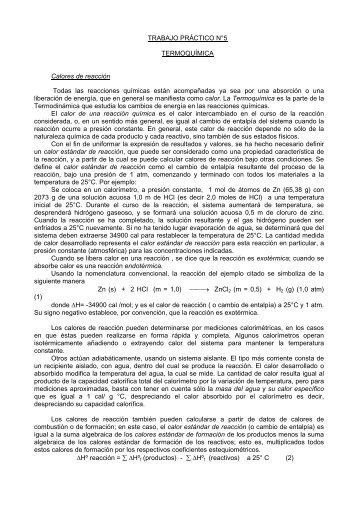 TRABAJO PRÁCTICO N°5 TERMOQUÍMICA Calores de reacción ...