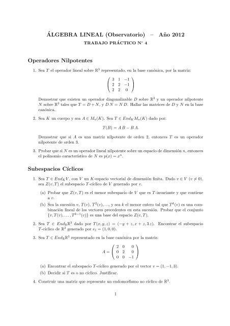 ´ALGEBRA LINEAL (Observatorio) – A˜no 2012 Operadores ...