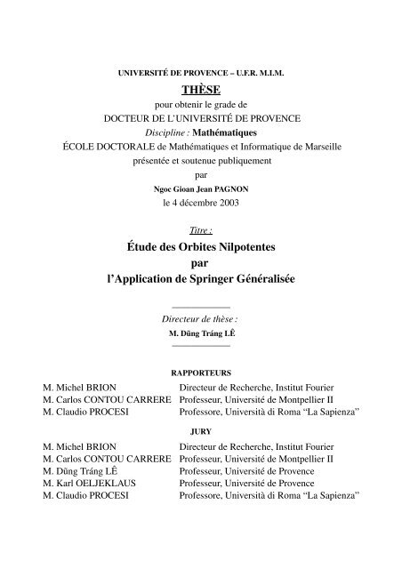 TH`ESE ´Etude des Orbites Nilpotentes par l'Application de Springer ...