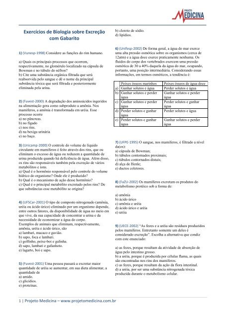 Exercícios de Biologia sobre Excreção com ... - Projeto Medicina