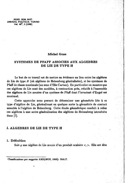 Michel Goze SYSTEMES DE PFAFF ASSOCIES AUX ALGEBRES ...