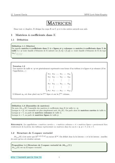 MATRICES - Mathématiques en MPSI à Saint-Exupéry - Free