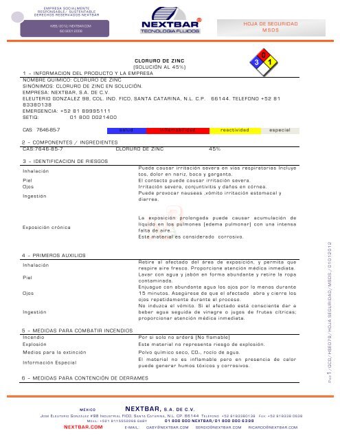 HOJA DE SEGURIDAD MSDS NEXTBAR.COM CLORURO DE ZINC ...