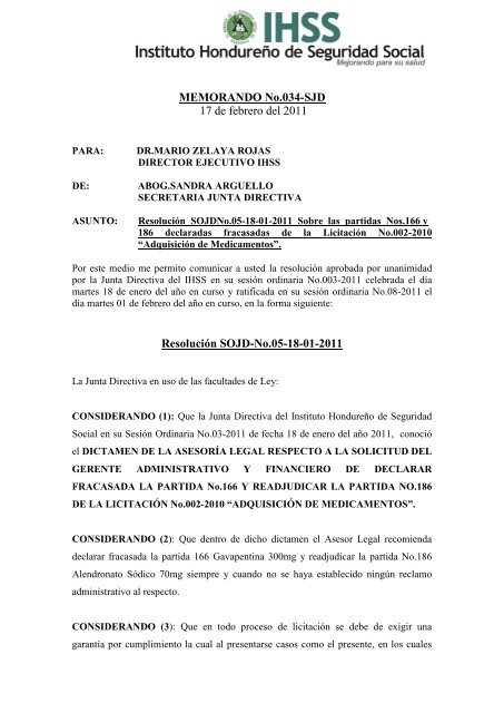 RESOLUCIONES ACTA ORDINARIA No. 003-2011 - IHSS - Instituto ...