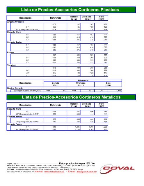 Lista de Precios - Aluminio para Construcción - Coval.com.co