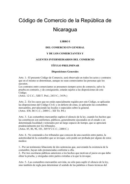 Código de Comercio de la República de Nicaragua - Poder Judicial