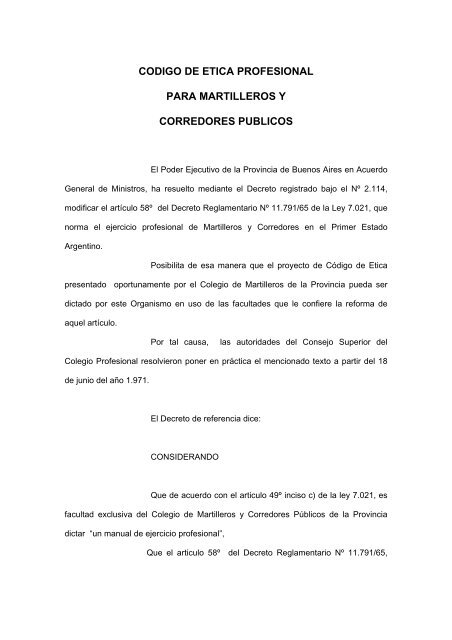 codigo de etica profesional - Colegio de Martilleros y Corredores ...