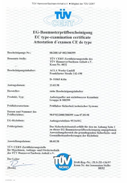 EG-Baumusterprüfbescheinigung - Acla-Werke GmbH