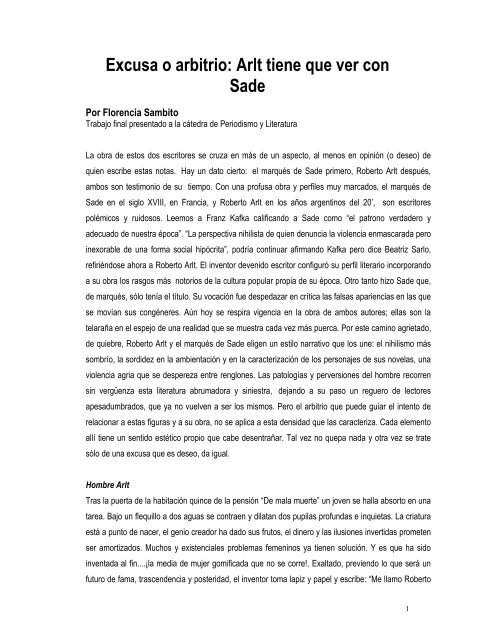 Excusa o arbitrio: Arlt tiene que ver con Sade